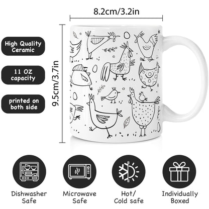 Funny Chicken Design Coffee Mug for Poultry Lovers - Farmhouse Ceramic Cup with Flock Illustration, Country Style Gift for Women & Men, Christmas Birthday Present-258