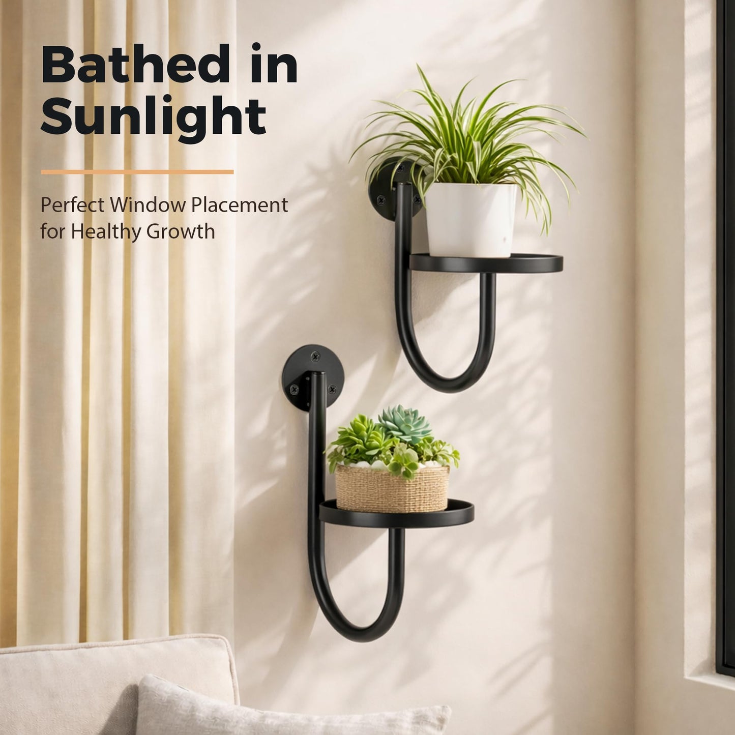 SUNCKET Wall Plant Holders for Indoor Plants, 3 Pack Metal Wall Mounted Plant Shelves，Modern Window Plant Hanger, Space Saving Hanging Planters for Living Room Bedroom Kitchen Bathroom Office Decor, Black