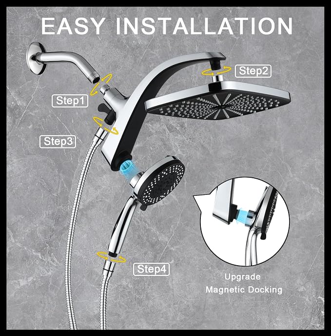 BOZYBO Rain Shower Head with Handheld: High Pressure Shower Heads with Handheld Spray Combo, 12" Rainfall Shower Head and 9 Sprays Hand Showerheads with Magnetic Docking and Power Jets, Chrome 1.8GPM