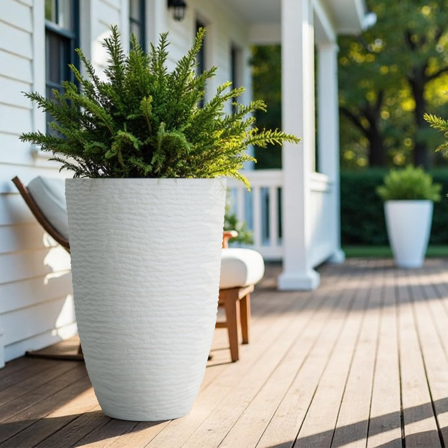Worth Garden 2-Pack 21" H. White Tall Planters - 14'' Dia Resin Large Round Flower Pots for Outdoor Plants Trees - Imitation Stone Finish Plastic Indoor Front Porch 9 Gallon Decorative Container Patio