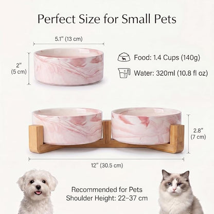 Ceramic Dog Bowls with Non-Slip Bamboo Stand - Dog Food and Water Bowl Set Ideal for Cats and Small Dogs - Double 5.1" Pet Dishes, Each Feeder Holds 1.4 Cups / 10.8 fl oz - Pink Marble