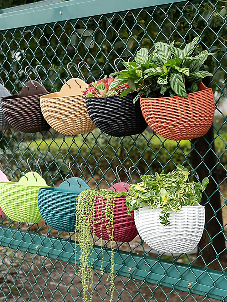 Hanging Planter Pot, Wall and Railing Hanging Planters with S Hooks, Half Round Imitation Rattan European Style Wall Flowerpot Rustic Decorative Flower Basket for Home Balcony(#26 * 20.5cm Wine red)