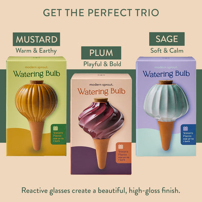 Modern Sprout Terracotta Self Watering Bulbs for Indoor Plants, 10oz Plant Watering Globes 3 Pack, Glazed Finish with Cork Top - Plum, Sage & Mustard, Decorative Plant Accessories Gift for Mom,Grandma