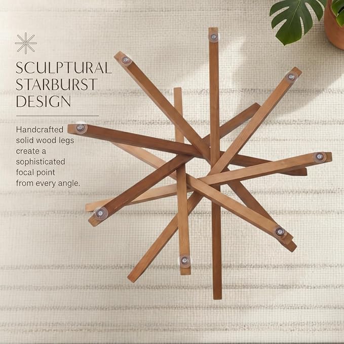 Round Glass Coffee Table-Mid Century Modern Solid Wood Coffee Table | Unique Glass Top&Solid Wood Mortise Interlocking Starburst Legs Design for Living Room,Office,Hotel Lobby