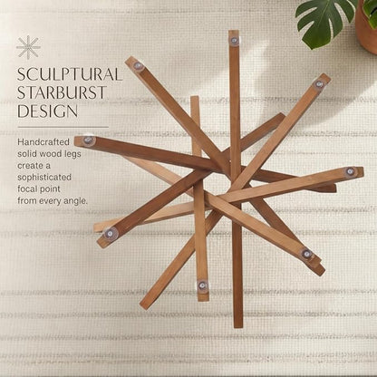 Round Glass Coffee Table-Mid Century Modern Solid Wood Coffee Table | Unique Glass Top&Solid Wood Mortise Interlocking Starburst Legs Design for Living Room,Office,Hotel Lobby