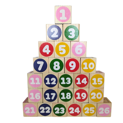 Tot Dojo ABC-123 Pine Wood Educational Blocks Set, 26 Pieces – Alphabet, Numbers, Animals, Fruits & Patterns for Toddlers
