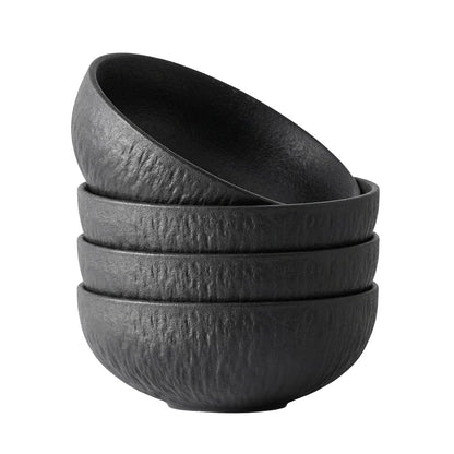 KINGSTONE Black Bowls Set of 4, 20.4 OZ Matte Marble Pattern Premium Porcelain Soup Bowls, Ceramic Cereal Bowl Set for Salad, Dessert, Pasta, Microwave and Dishwasher Safe