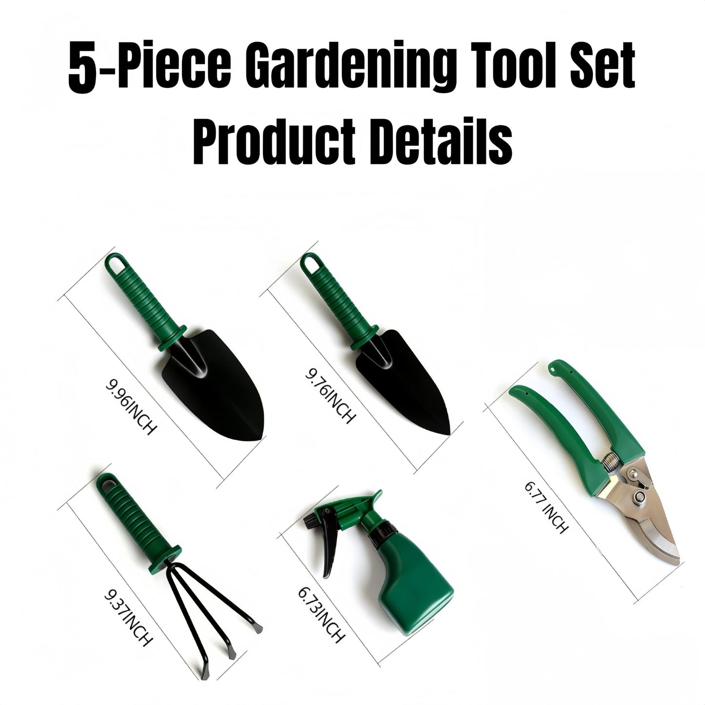 5-Piece Garden Tool Kit with Storage Case, Heavy Duty Gardening Tools Including Shovel, Trowel, Cultivator Rake, Pruners and Spray Bottle for Bonsai, Weeding and Yard Maintenance(Green-5)