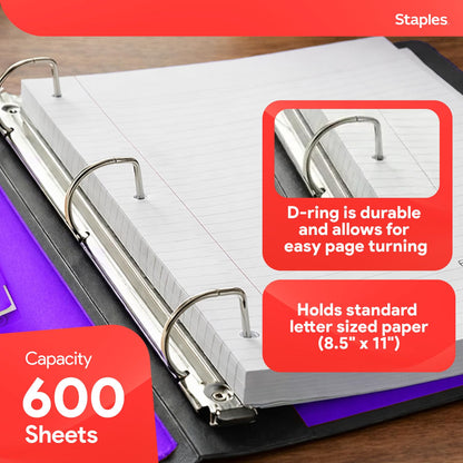 Staples Better 3-Inch D-Ring Binder, Purple – Heavy-Duty 3-Ring Binder for School & Office Storage