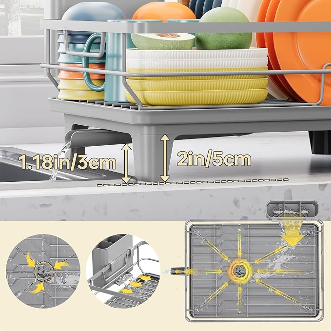 TOOLF Dish Drying Rack, Small Dish Racks for Kitchen Counter, Stainless Steel Sink Organization and Storage Essentials with Cutlery Holder, Dish Drainer, Home and Appartment Decor, Gray