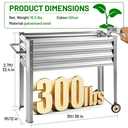 Land Guard 2 Pack Galvanized Raised Garden Bed with Legs & Wheels, 36×12×32in Metal Elevated Raised Planter Box for Backyard, Patio, Balcony, 300lb Capacity, Silver