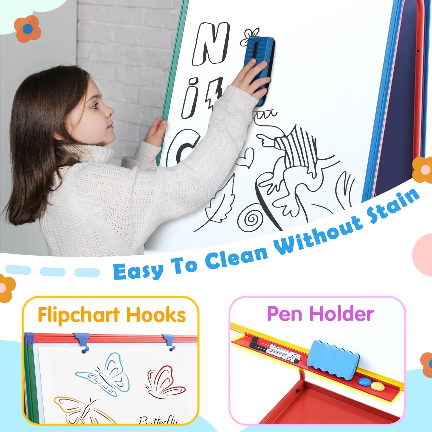 Mobile Dry Erase Board with Stand - 64.4" H Double Sided Portable Rolling Whiteboard Kids Easel for Classroom,Height Adjustable Magnetic White Board on Wheels for Home,School,36x24 inches