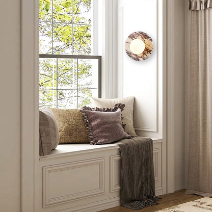 Calacatta Viola Marble Wall Sconce-Unique 7.8”Alabaster Sconce for Bedroom,Bathroom Vanity,Hallway & Yoga Room,Modern Hardwired Marble Style Stone Glass Wall Lamp for Meditation,Reading & Spa Decor