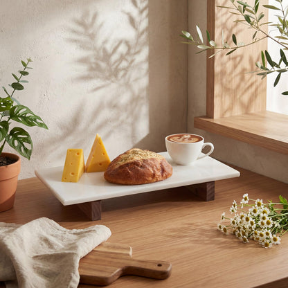 Yiyiring Marble Charcuterie Board Display White Cheese Cutting Footed Stand Tray with Wooden Feet 15.75"L x 8" W x 2.5" H for Vanity, Kitchen and Serving, or as a Gatherings Elegant Cheese Board Gift