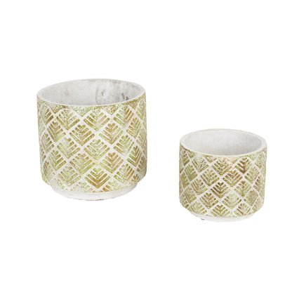 Zingz & Thingz Distressed/Weathered Indoor & Outdoor Secret Garden Cement Planter Flower Pots, Set of 2, 6.75x6.75x6.25, Abstract Gold & White Leaf