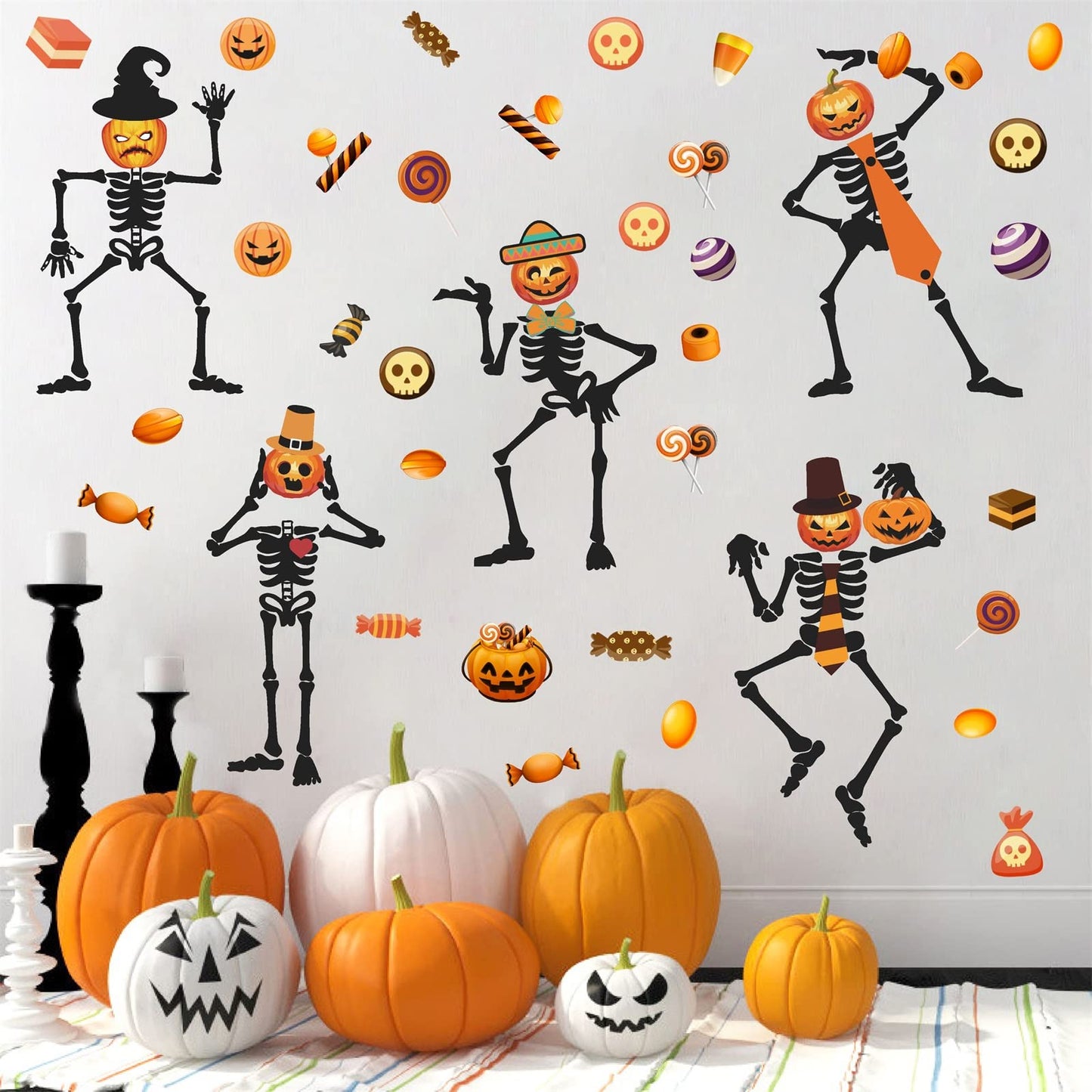 Halloween Skull Wall Decal Halloween Wall Stickers Skeleton Ghosts Pumpkin Candy Wall Decals Gothic Funny Halloween Window Clings Peel and Stick for Kids Bedroom Living Room Window Halloween Party Decor