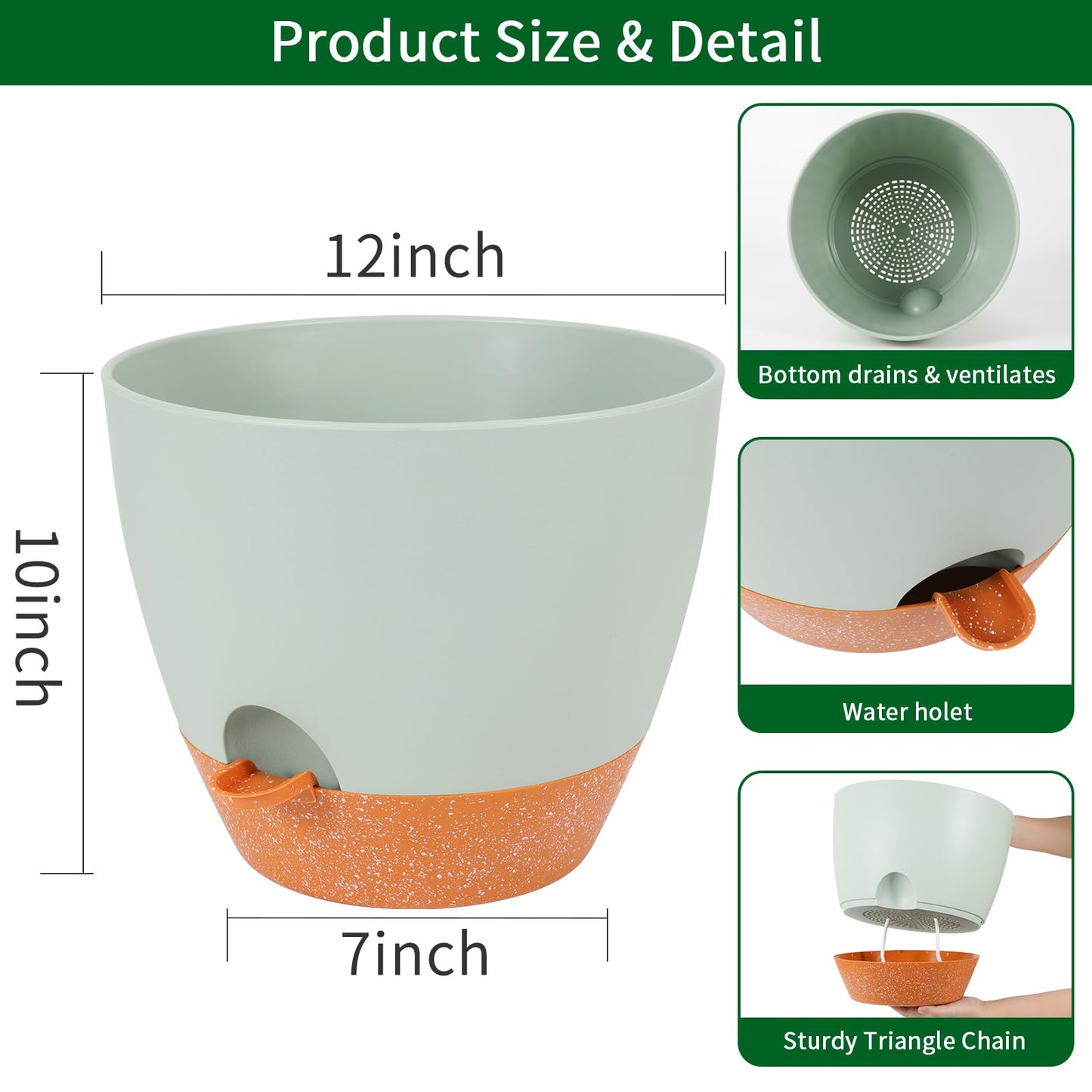GARDIFE 12 inch planters, Plant Pots,Self Watering Pots, Large Plastic Flower pots with Deep Reservior and High Drainage Holes for Indoor Outdoor Plants and Flowers, Green
