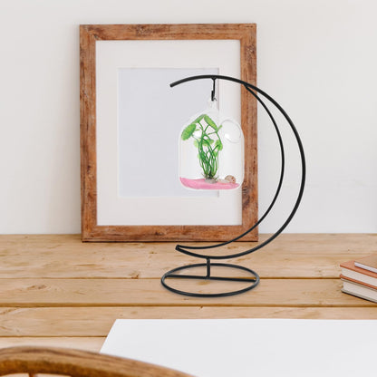 TOPPERFUN 2pcs Moon-shaped Hanging Hook Black Metal Plant Stand Terrarium Holder for Indoor Air Plant Display and Handmade Glass Globe Vase Hanger