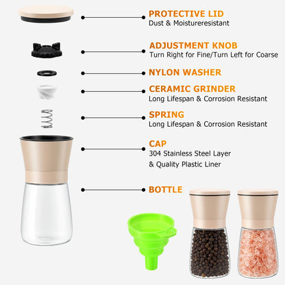 R DRURLCD 2PK Beige Salt and Pepper Grinder Set, Short Glass Shakers with Stainless Steel & Glass Mills, Adjustable Coarseness for Kitchen, Dining & BBQ W/Funnel