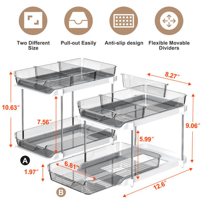 Delamu 2-Tier Multi-Purpose Bathroom Under Sink Organizers and Storage, Stackable Kitchen Pantry Organization, Pull Out Medicine Cabinet Organizer with Movable Dividers, White, 2 Pack