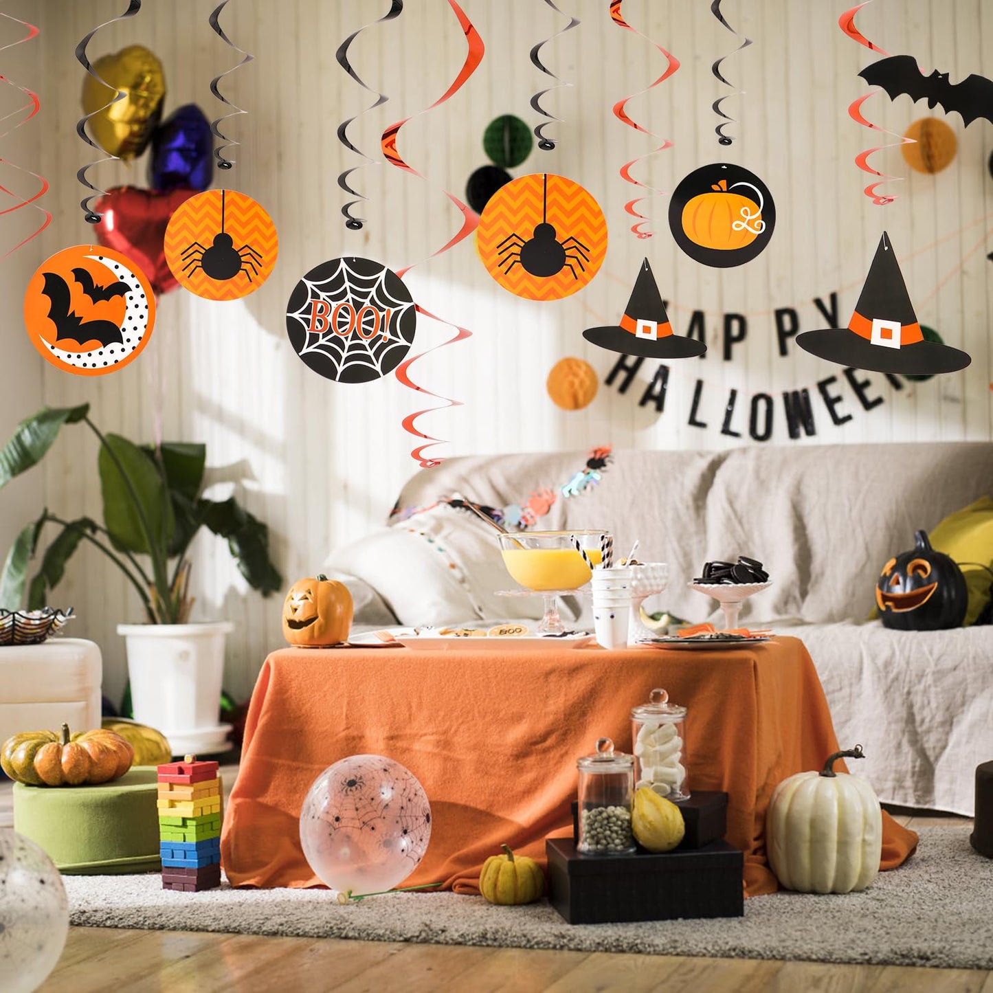 AYOGU 30 Pieces Halloween Decorations Party Hanging Swirl, Witches Hat, Bats, Spider, Ceiling Hanging Party Favor Indoor Decoration Plastic Streamer