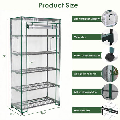 Indoor Greenhouse with Grow Lights & Wheels, 5 Tier Wire Shelf PVC Tent Portable Mini Green House Cabinet Kit for Plant Seed Starting Mushroom Grow