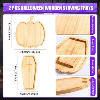 FOBSME 2 Pcs Halloween Wooden Charcuterie Boards Pumpkin and Coffin Shape Serving Platters Fall Wood Serving Trays Decorative Wooden Snack Dish Plates for Halloween Holiday Housewarming Presents