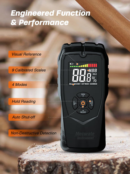 Moisture Meter Damp Meter Pinless Wood Moisture Meter for Walls Logs Firewood and Building Material, 4 Mode 9 Density Settings, Non-Destructive Moisture Detector with Backlit LCD and Alerts (Black)