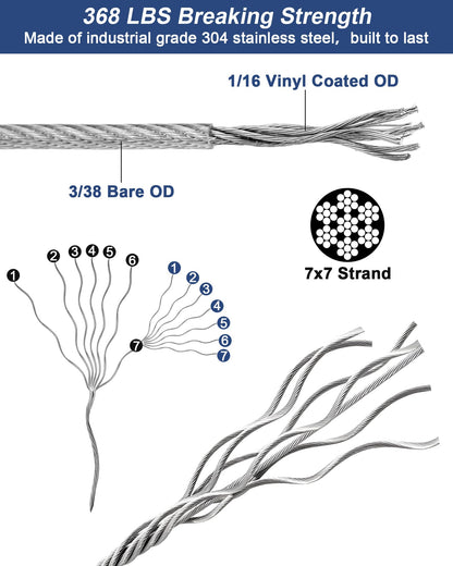 220 FT 1/16" Wire Rope Kit 304 Stainless Steel Cable with M5 Turnbuckles for Cables Wire, Vinyl Coated String Lights Hanging Wires for Outdoor Camping, Trellis, Garden, Clothes line, Curtain, Picture