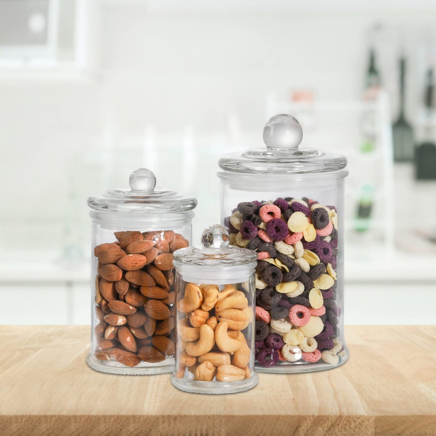 Suwimut Set of 3 Glass Apothecary Jars with Lids, Bathroom Canisters Storage Container Jars, Decorative Small Glass Apothecary Jar for Cotton Swabs, Cotton Balls, Makeup Sponges, Bath Salts