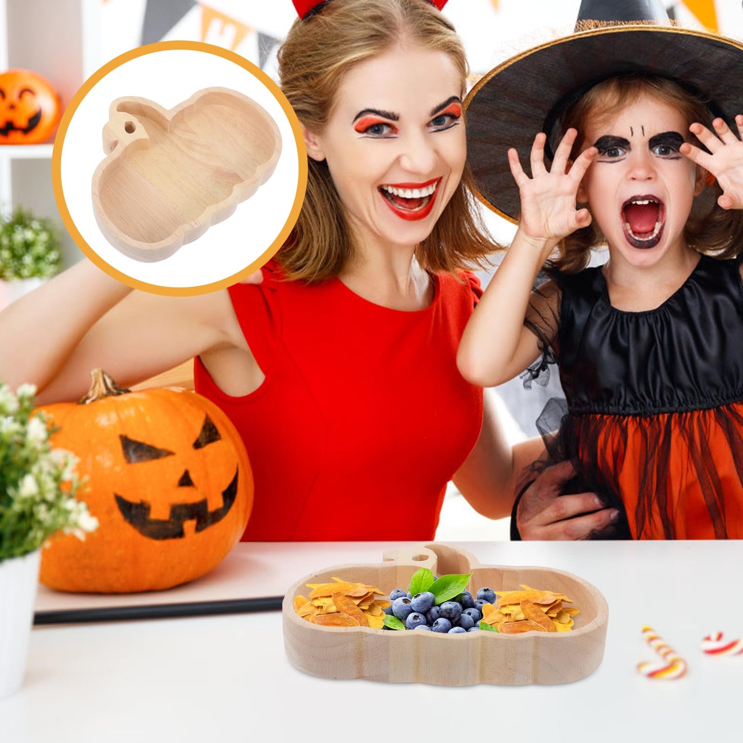GLEAVI Halloween Pumpkin Plate Wood Serving Tray for Snacks Candy Dessert Tableware Seasonal Party Decor
