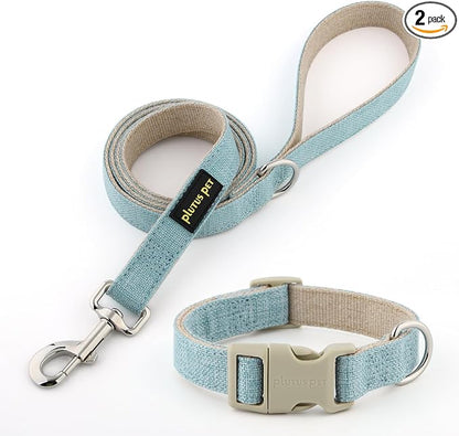 Plutus Pet Cotton Hemp Dog Collar and Leash Set, Adjustable Collar for Small, Medium, and Large Dogs, Heavy Duty and Soft on Skin, Light Blue, XS