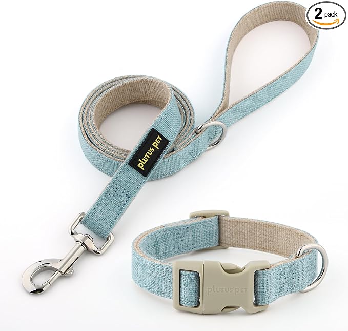 Plutus Pet Cotton Hemp Dog Collar and Leash Set, Adjustable Collar for Small, Medium, and Large Dogs, Heavy Duty and Soft on Skin, Light Blue, L