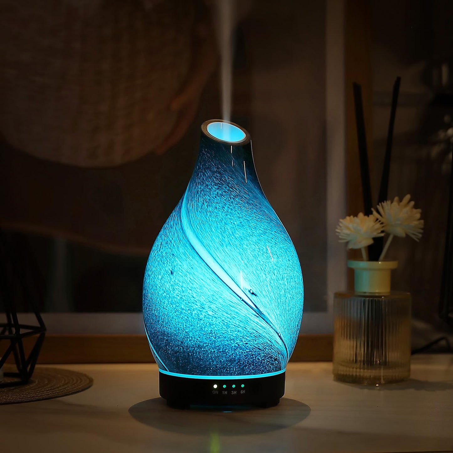 Essential Oil Diffuser Hand Blown Glass Aromatherapy Diffuser - Ultrasonic Cool Mist Scent Aroma Diffuser, Whisper Quiet with Auto Shut-Off, Timer Setting &7 Colors Night Light for Home