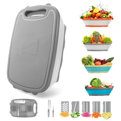 Gintan Camping Cutting Board, 9-in-1 Collapsible Chopping Board with Colander, Kitchen Vegetable Washing Basket for Camping, Camping Gifts Camping Accessories for RV Campers (Blue+Grey)
