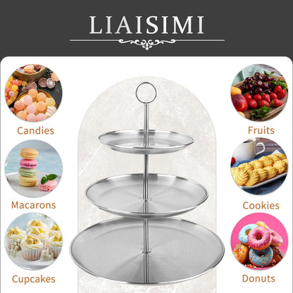 LIAISIMI 3 Tier Silver Cupcake Stand Stainless Steel Dessert Display Rack with Removable Tiered Tray for Parties,Weddings,Birthdays,Decorations,Any Festivals and Festivities(Stainless Steel Pole)