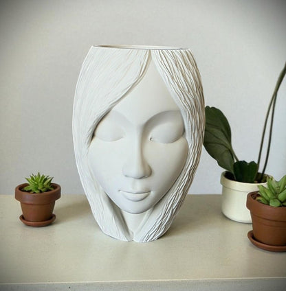 Face Planter Vase – Modern Woman Head Flower Pot, 3D Printed White Decorative Pot for Indoor Plants (Ivory, 6x5x4)