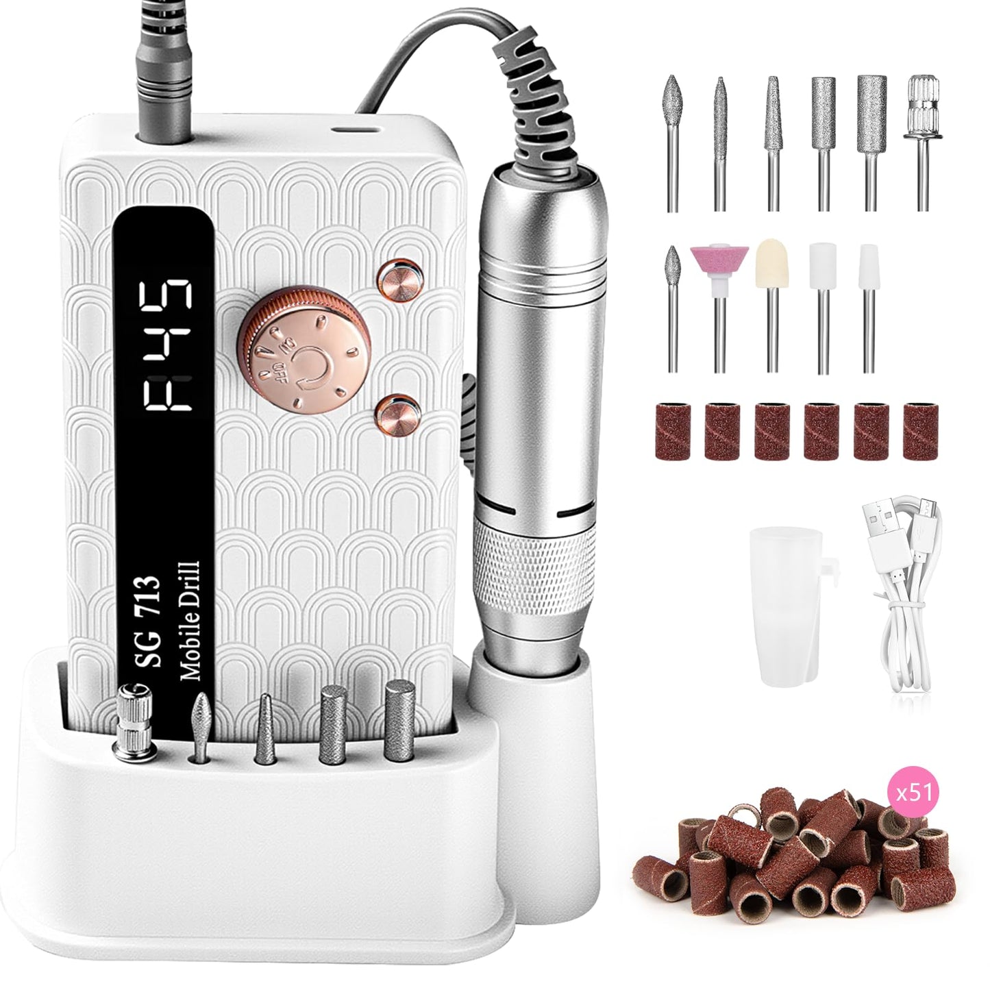 Electric Nail Drill - 45000RPM Portable Nail Drill丨Rechargeable Nail E-File Kit with 11 Bits & Base丨LED Screen丨Ultra-Silent, Rechargeable Nail Drills Machine for Acrylic Nails Gel Polishing(Pink)