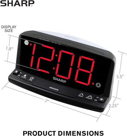 Sharp Digital Alarm Clock, 1.8" Red LED, Night Light, Loud Alarm, Black | Front keyboard controls, 9-minute snooze, AC powered, 9V settings backup, across-room viewing, bedroom, nursery, bathroom