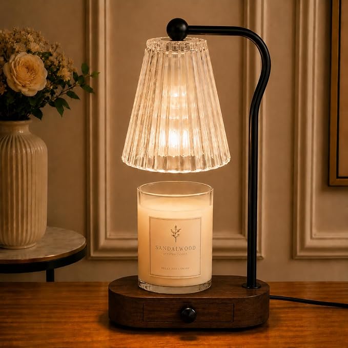 Candle Warmer Lamp with Timer & Dimmer, Black Painted Wooden Base with Drawer, Black Metal Stand, Extra Bulb Included, Candle Warming Lamp, Electric Candle Wax Warmer