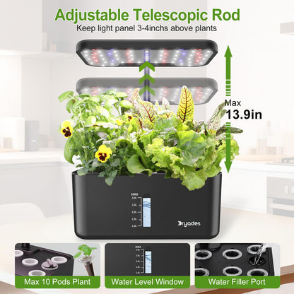 Dryades Hydroponics Growing System Indoor Herb Garden, 10-Pod Indoor Gardening System with 24W Full-Spectrum LED Grow Lights, Quiet Smart Water Pump, Plant Germination Kit for Herbs, Vegetables