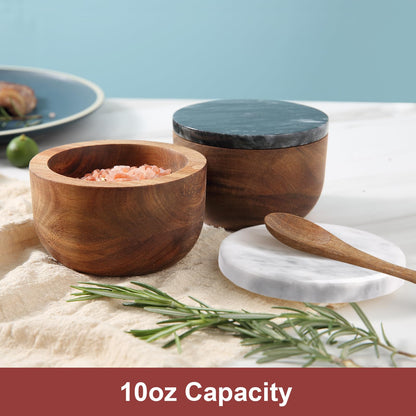 jalz jalz Large Acacia Wood Salt Cellar with Marble Lid - 10oz Heavy Salt Box Pepper Pinch Pot with Spoon - Natural Solid Wood Spice Container Decorative White Grey Marble Cover for Kitchen Counter