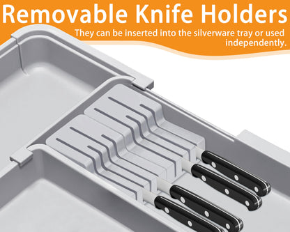 Homecor Silverware Organizer - Expandable Large Kitchen Drawer Organizer Utensil Organizer with 2 Removable Knife Blocks, 22"x 19"Cutlery Tray Drawer Dividers for Kitchen Flatware(6-9 Slots) (Black)