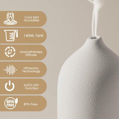 Diffuserlove Ceramic Essential Oil Diffuser 160ML Aromatherapy Diffuser for Home Bedroom Room Cool Mist Humidifier Stone Air Diffusers (Size:6.8" H x 3.6" W)