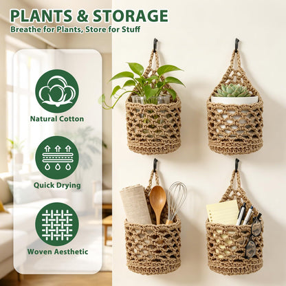 DOODLEBEAN 4 PCS 5-Inch Macrame Wall Plant Hangers, Small Wall Hanging Plant Holder with Hooks, Natural Cotton Rope Hanger for Indoor Plants & Daily Storage, Boho Home Decor