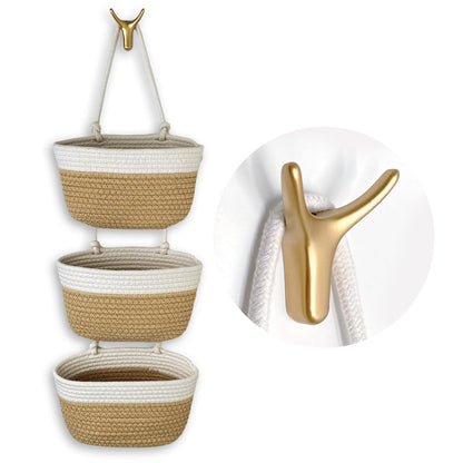 3-Tier Decorative Cotton Rope Hanging Basket, Wall-Mounted Woven Storage Organizer Bag, White + Jute