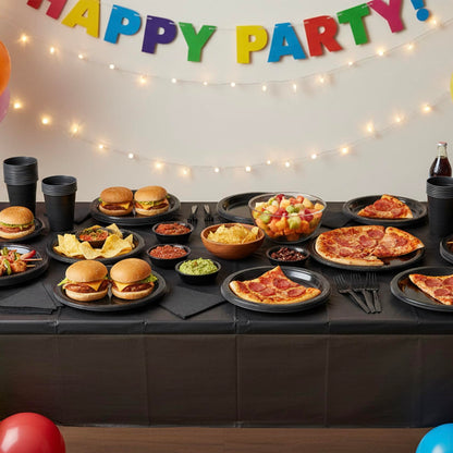 CLIYTICA Black Plastic Plates for Party,30 Guest Disposable Plastic Plate Set 9" Plates,7" Dessert Plates,Napkins,Cups,Forks & Tablecloth for Birthday,Halloween,Christmas,Graduations