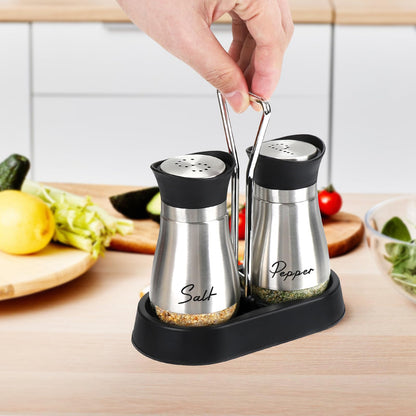 Accmor Salt and Pepper Shakers Set with Holder, 4 oz Stainless Steel Salt Pepper Shaker Containers with Glass Bottom for Kitchen Cooking, BBQ, Bar, Table, RV, Camp