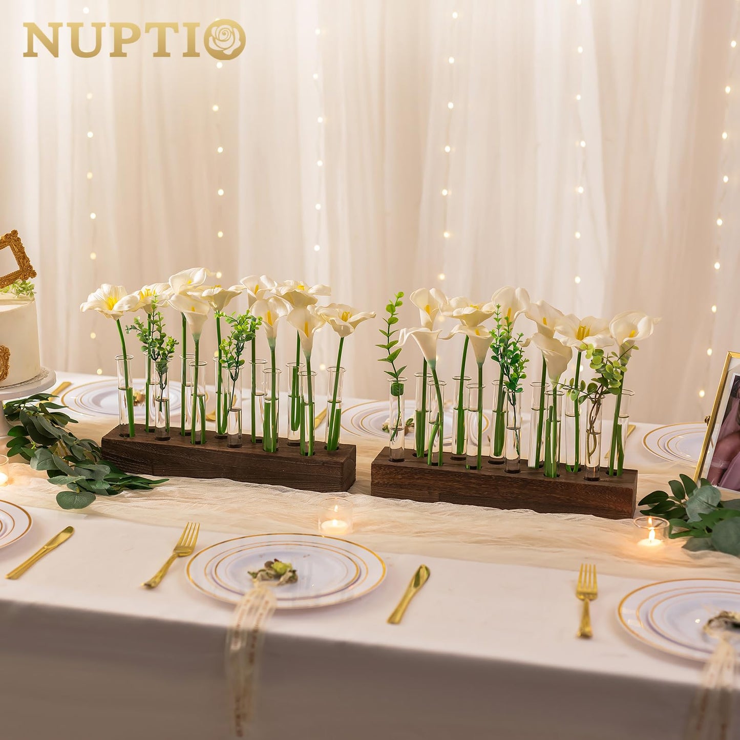 NUPTIO Vase Wedding Centerpiece for Table: 15" Long Rectangular Wooden Base and 12 Pcs Glass Test Tube Bud Vases for Flower Arrangement Dining Table Center Piece Home Decor Gifts for Plant Lovers
