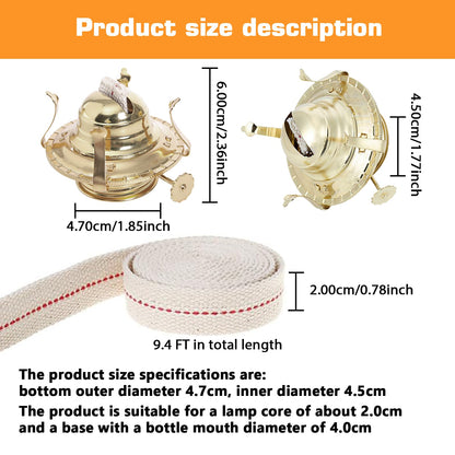 Pacify 3 Pack Oil Lamp Burner Kerosene Oil Lamp Parts Replacement #2 Brass Plated with 1 Roll 9.4FT Cotton Wick
